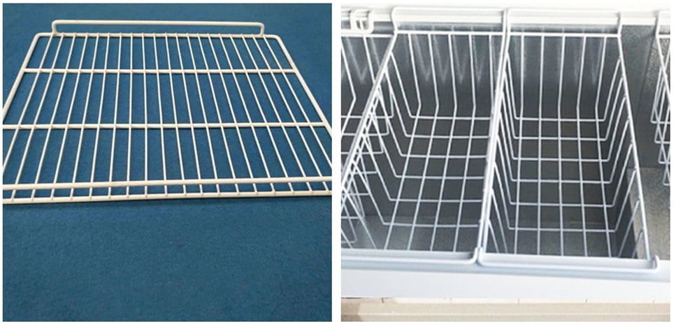 Thermoplastic powder coating for refrigerator grids