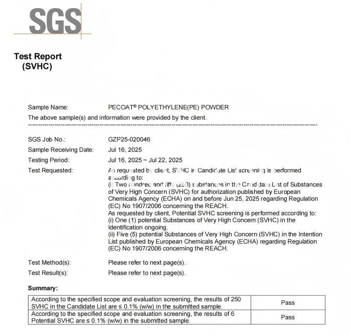REACH SVHC TEST-PECOAT Polyethylene Powder Coating