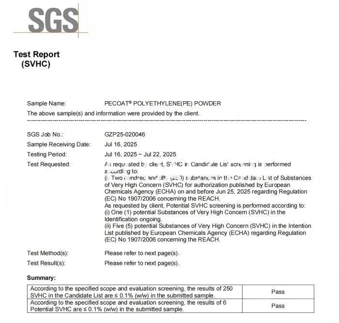 SVHC စမ်းသပ်မှုသို့ရောက်ရှိရန်-PECOAT Polyethylene Powder Coating