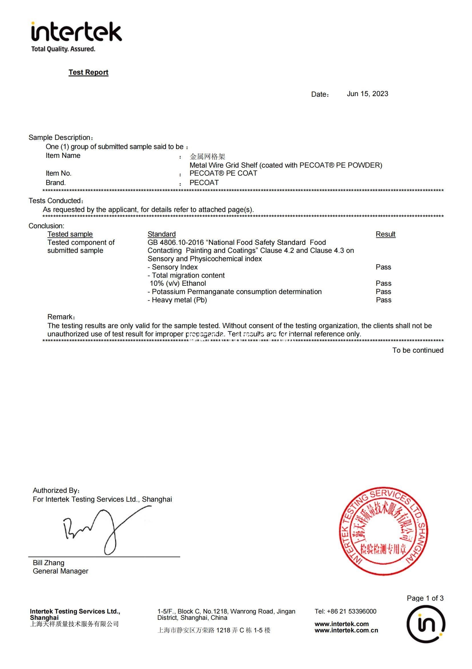Hygiene Test Report - Safety Contact With Food and Water